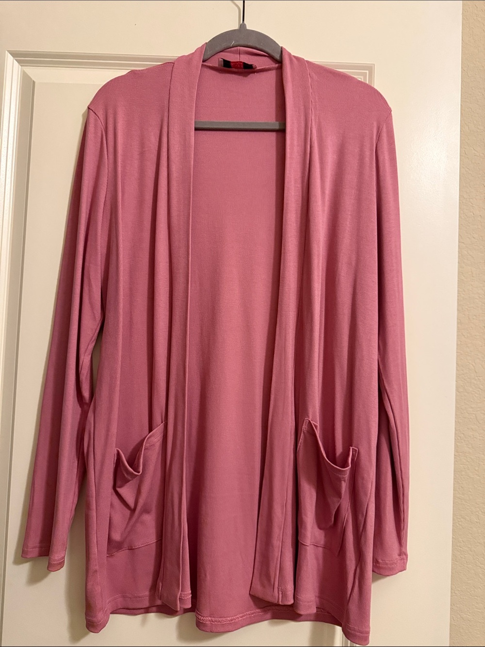 Open-Front Rose Pink Cardigan with Pockets- Light Weight Relaxed Rib